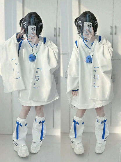 White Y2K Japanese Anime Stand-Collar Hoodie