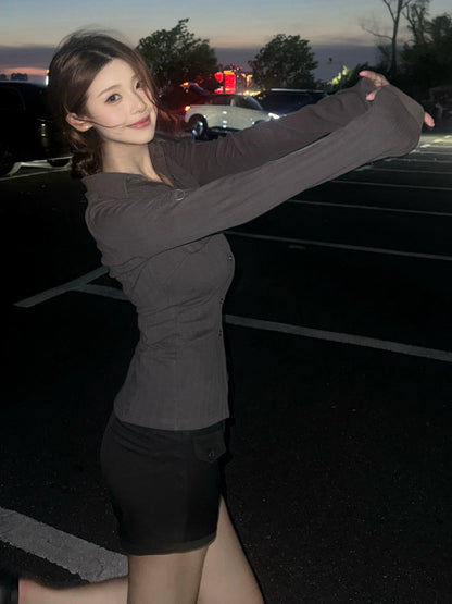 Korean Striped Slim Fit Shirt Early Autumn Stretch Waist Design Long Sleeve Top