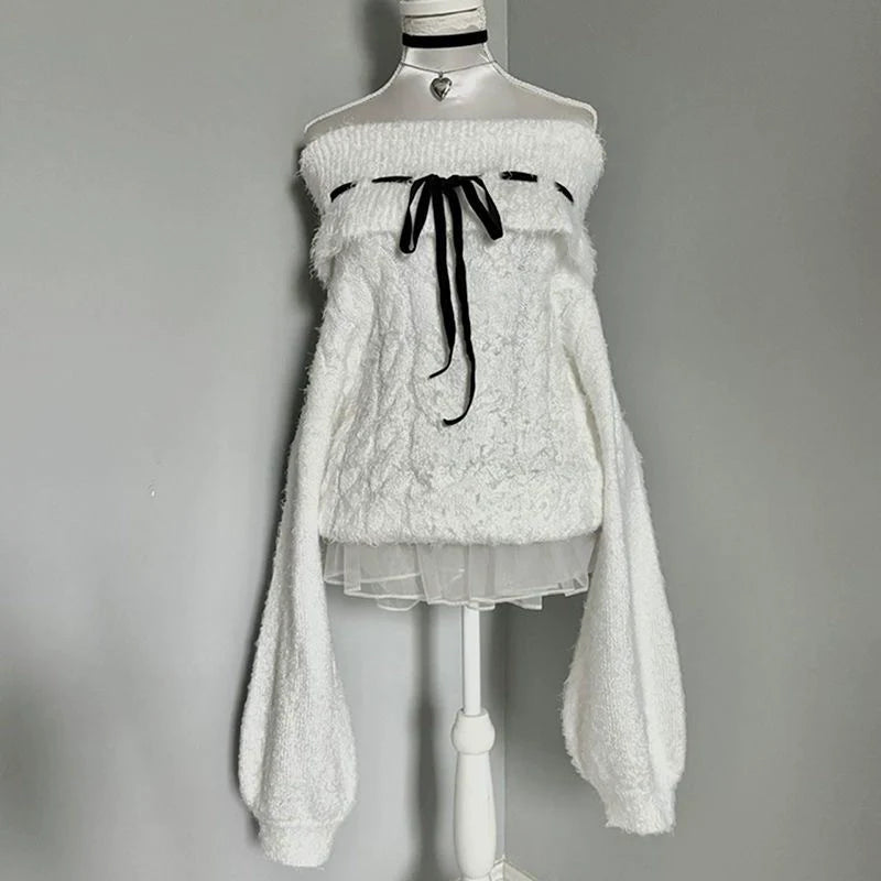 White Y2K Retro Tie-Collar Off-The-Shoulder Sweater