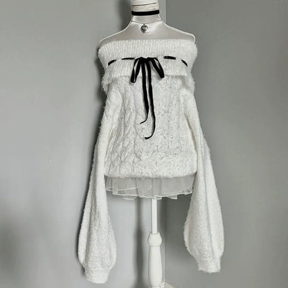 White Y2K Retro Tie-Collar Off-The-Shoulder Sweater