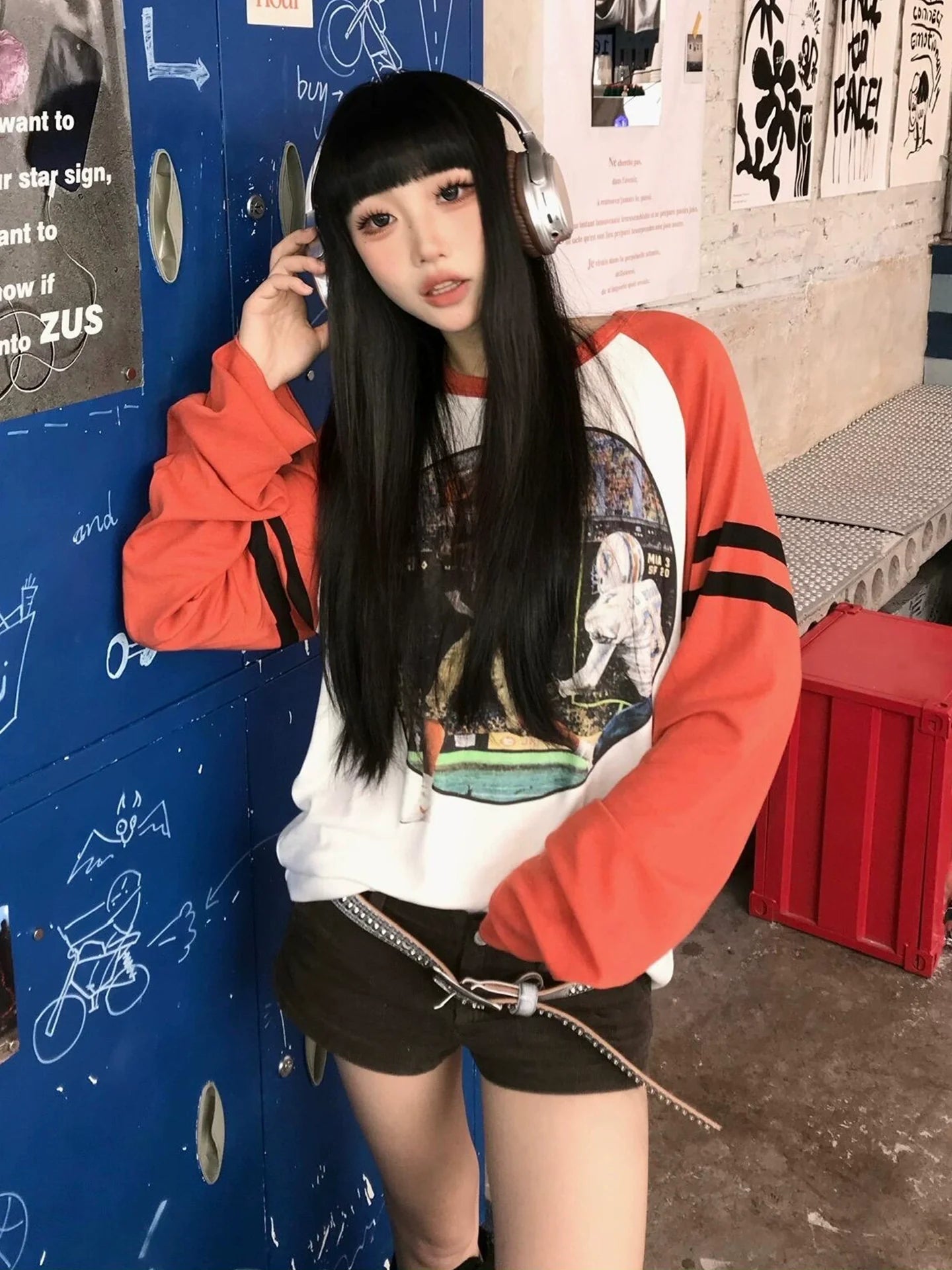 Retro White and Orange Color Block Raglan Long Sleeve Unique Design Top