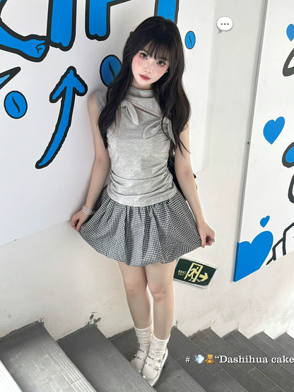 Girly Gray Bow Sleeveless Top