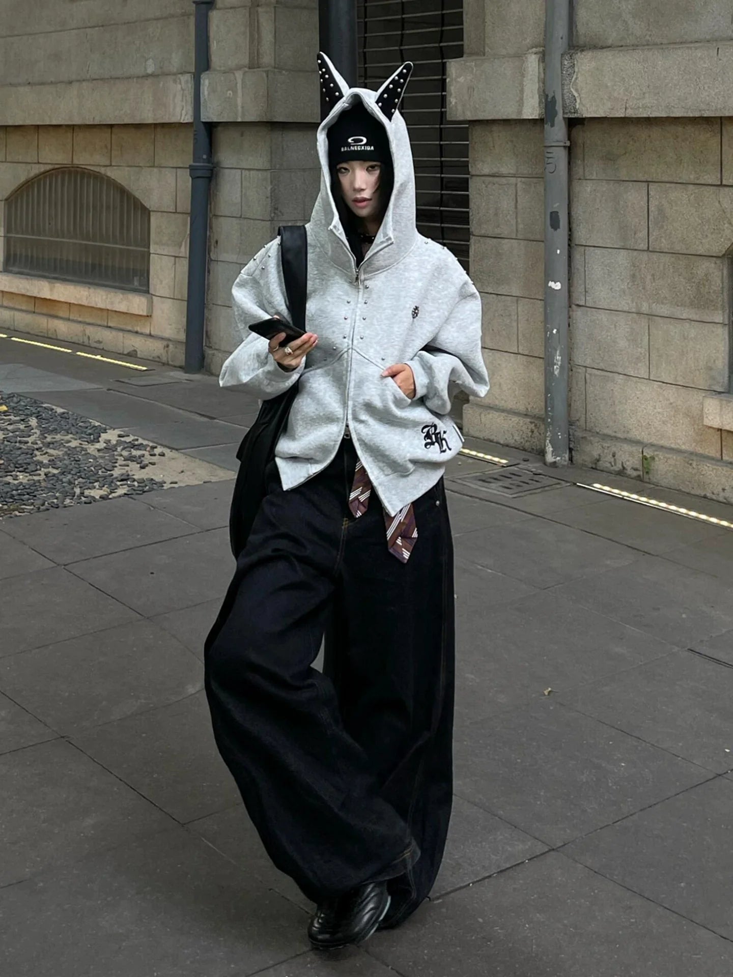 Retro Doberman Studded Zip Up Hoodie Loose Fit Streetwear Top