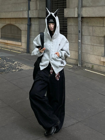 Retro Doberman Studded Zip Up Hoodie Loose Fit Streetwear Top