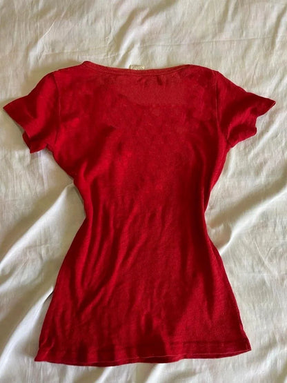 Red Subculture Punk Y2K E-girl Abi American Retro Rhinestone Print Regular-Shoulder Short Sleeve Top