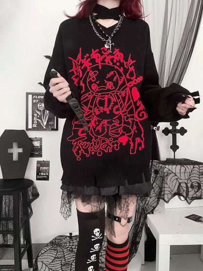 Y2K Punk Bandage Bunny V-Neck Black-Red Sweater