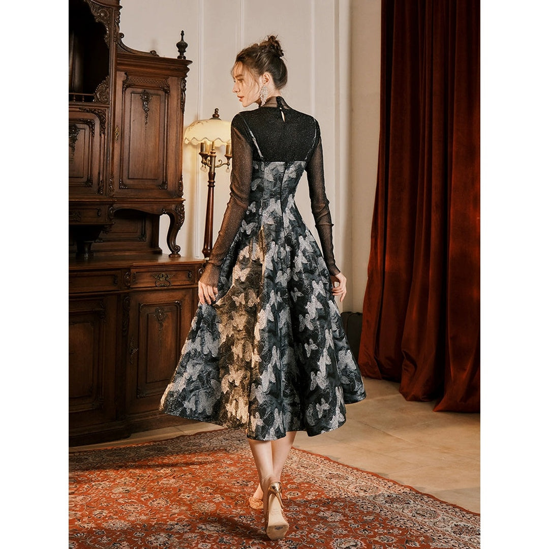 French Vintage Floral Gown Dress with High Neck Top