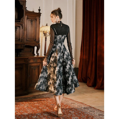 French Vintage Floral Gown Dress with High Neck Top