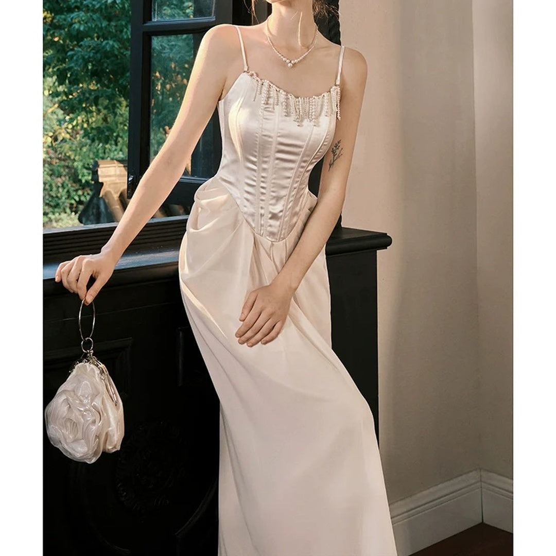 Pearl Pendant Mermaid Satin Gown Dress