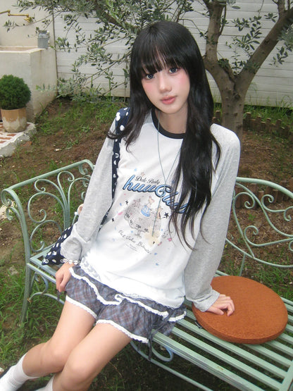 Korean Ambient Raglan Long Sleeve Tee Early Autumn Cartoon Print Lace Trim Loose Top
