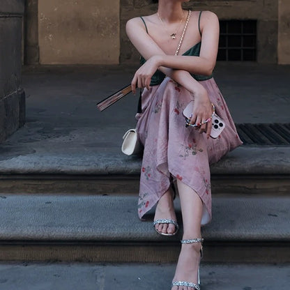 Cherry Mousse Summer Dopamine Waist Spaghetti Strap Gown Dress