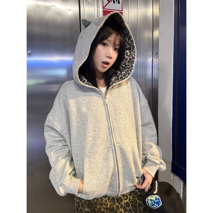 American Leopard Print Hoodie Heavyweight Zip-Up Sweatshirt