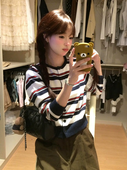 Striped Knit Cardigan Korean Lazy College Style Outerwear