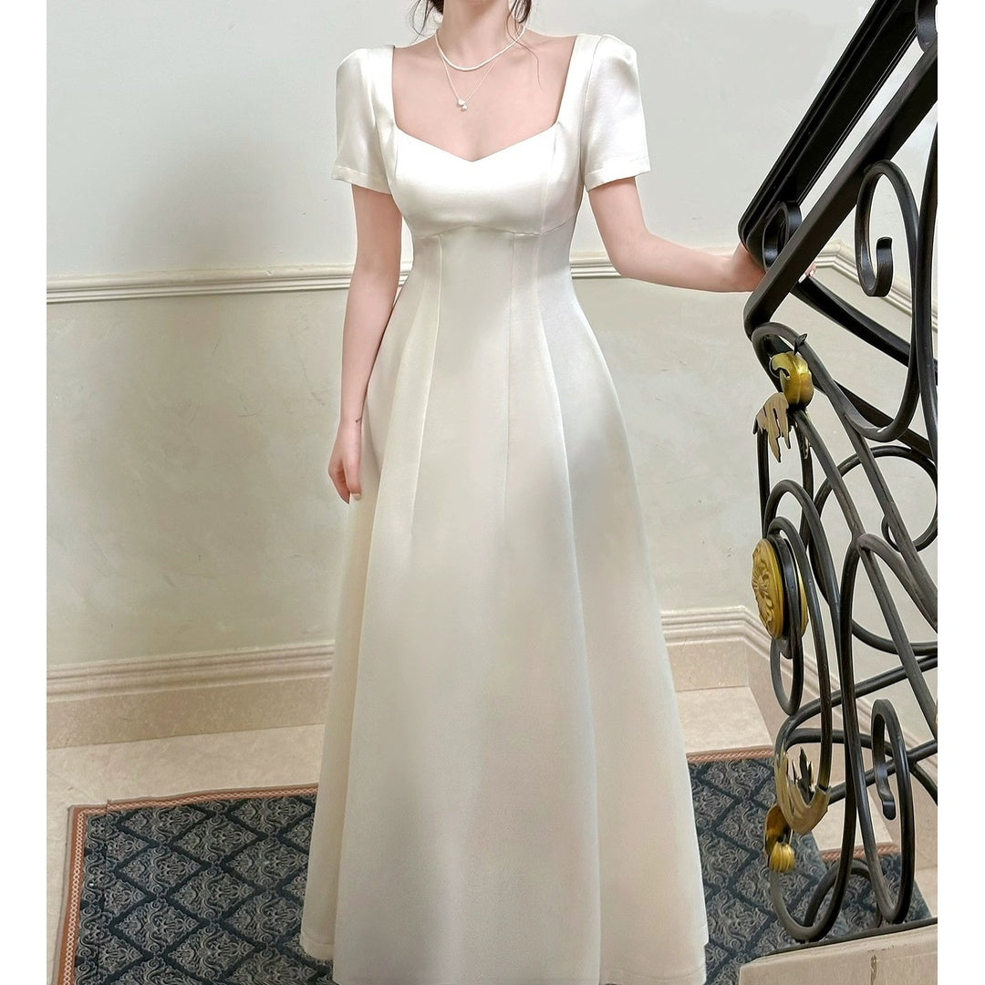 French Satin Waist Short Sleeve Gown Dress