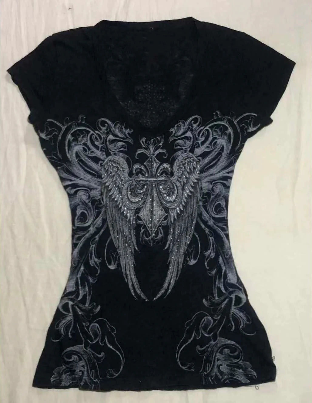 Black Rhinestone V-Neck Tee Y2K Top