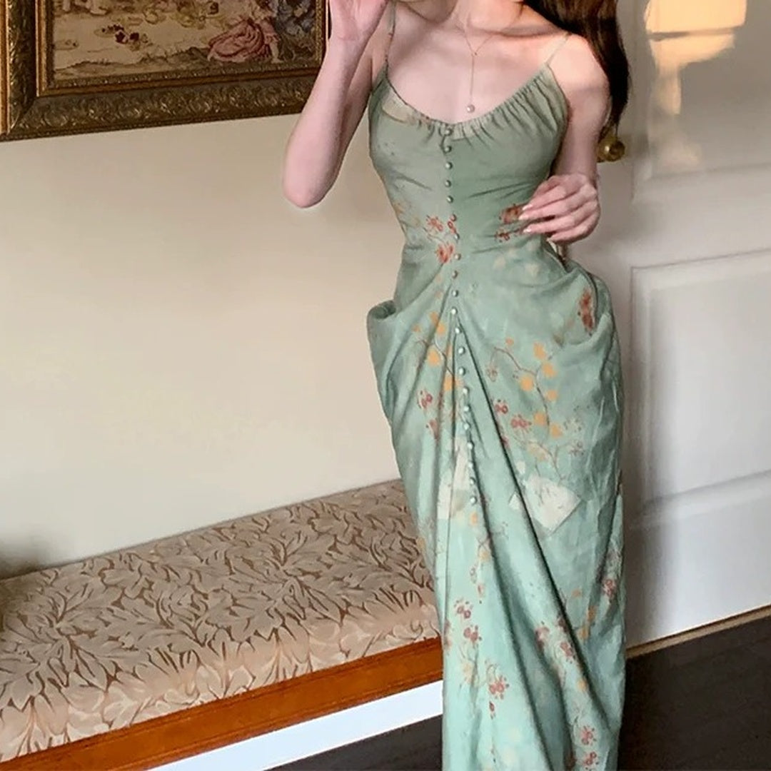 Modern Chinese Vintage Green Spaghetti Gown Dress