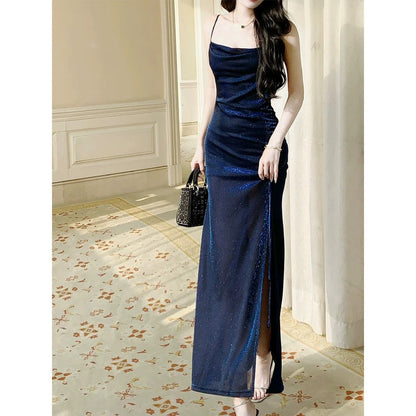 French Slant-Cut Shiny Draped Gown Dress – Luxury Elegant Dress
