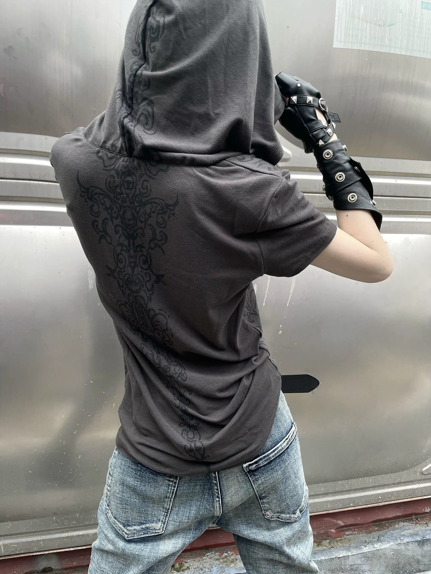 Punk Y2K Full Print Hoodie Tee Summer 2025 Visual Kei Structured Shoulder Top