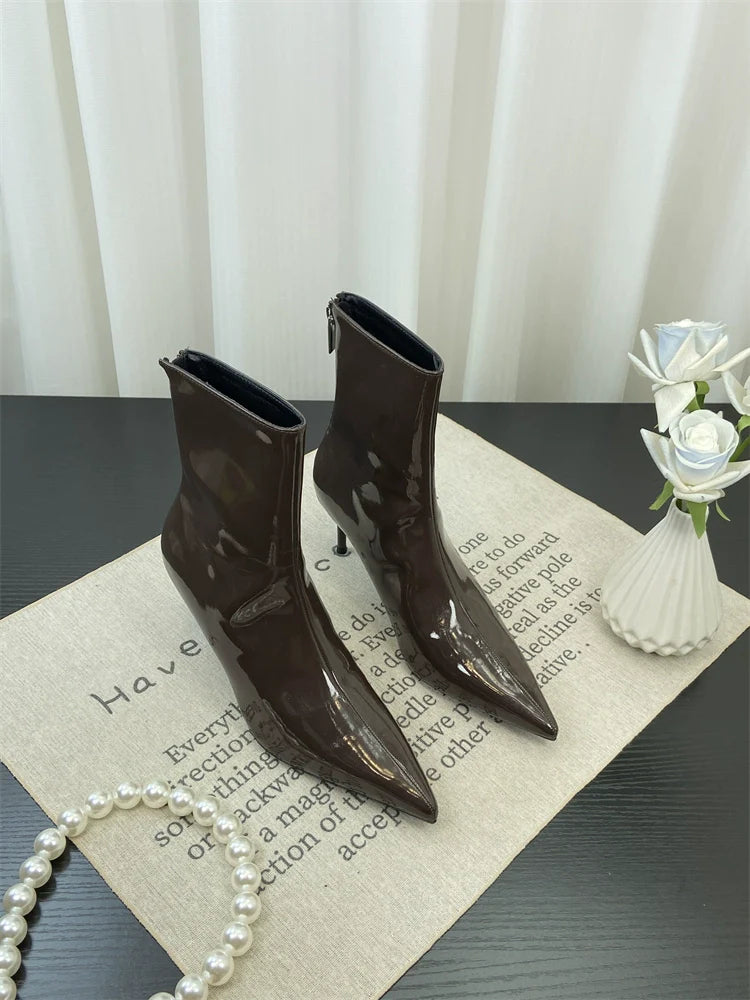 European Style Pointed Toe Patent Leather Red Ankle Boots Spring Autumn Slimming Thin Heel Short Calf Slim Boots Ankle Boots