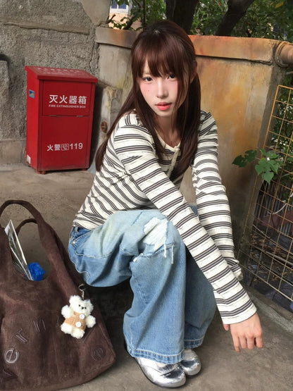 American Retro Striped Knit Long Sleeve Tee Autumn Color-Dot Slim Base Layer