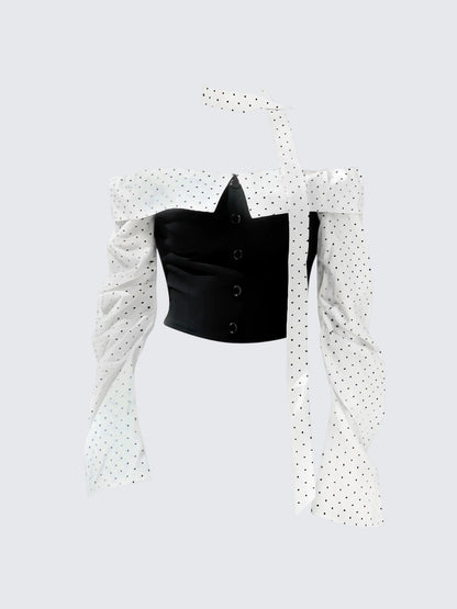 Korean Polka Dot Ballet Off-Shoulder Tee