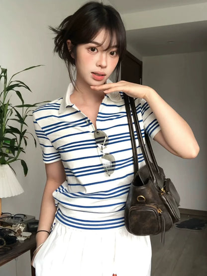 Blue Striped Polo Shirt Short Sleeve