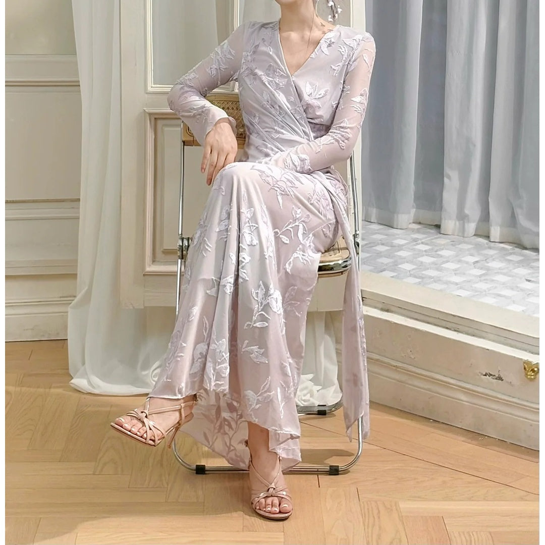 Vintage Purple Jacquard Long Sleeve Mermaid Gown Dress