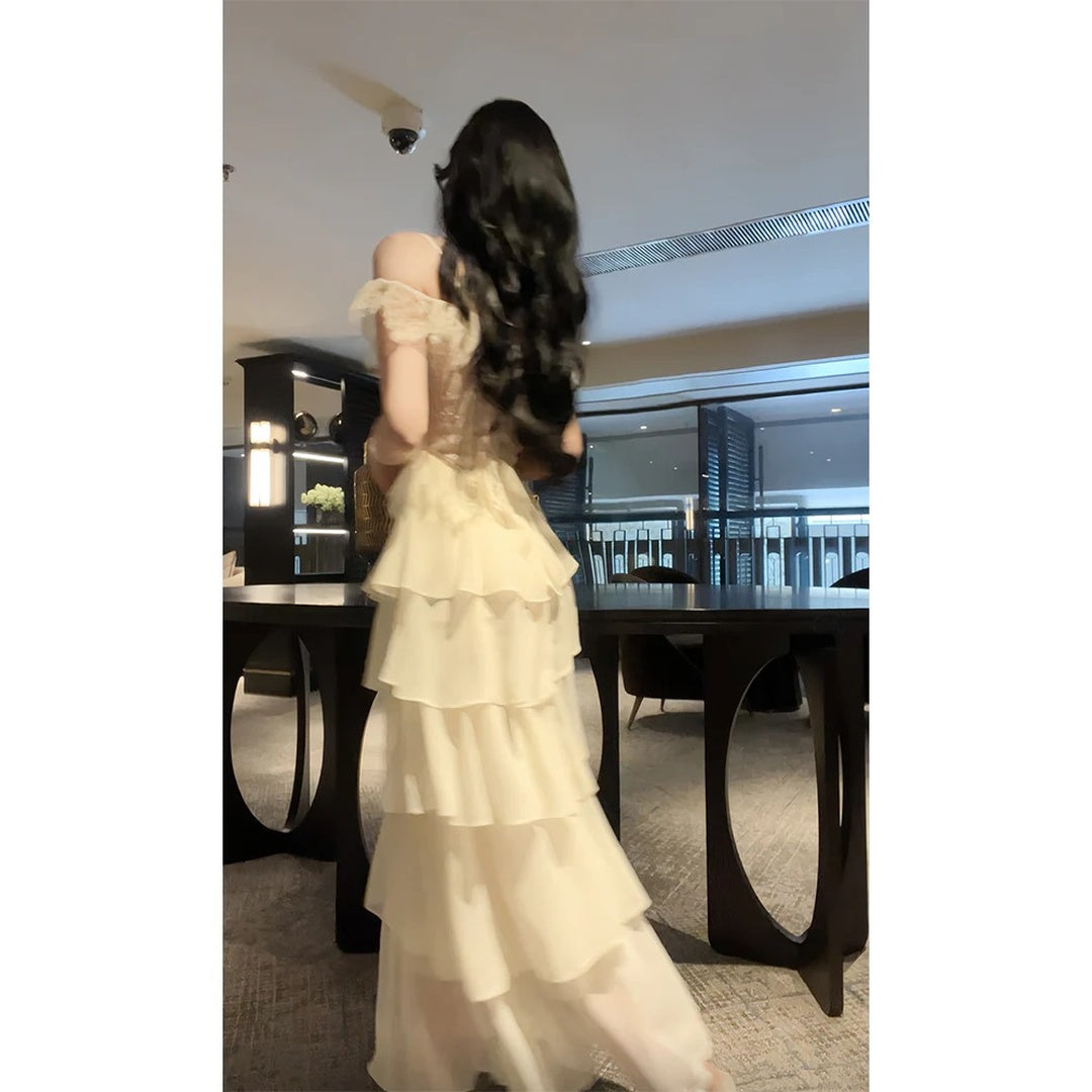 French Vintage Lace Halter Beach Gown Dress