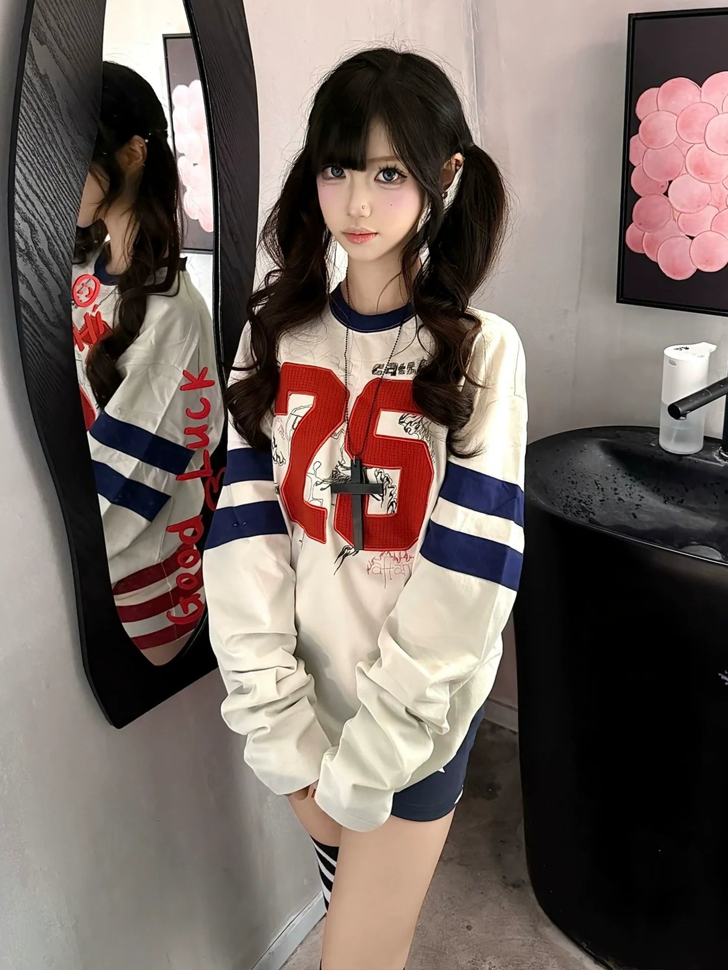 Retro Color Block Embroidered Graffiti Long Sleeve Top Loose Fit