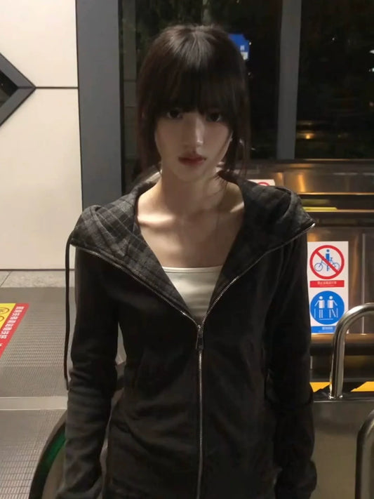 Slim Fit Hoodie Plaid Patchwork Zip Up Top