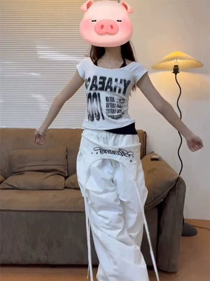 White American Vintage Fake Two-Piece Off-Shoulder Halter Y2K T-Shirt