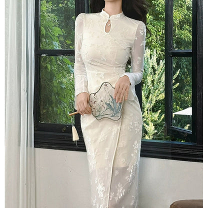 Chinese Embroidered Long Sleeve Cheongsam Gown Dress
