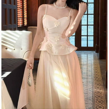 French Satin Halter Fake Two-Piece Gown Dress