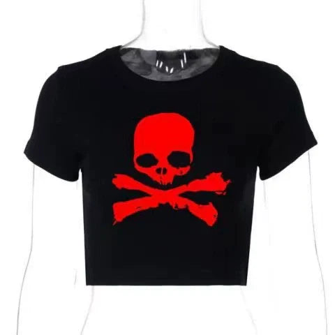 Black Gothic Vintage Skull Print Cropped Fitted Y2K T-Shirt