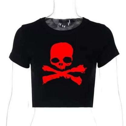 Black Gothic Vintage Skull Print Cropped Fitted Y2K T-Shirt