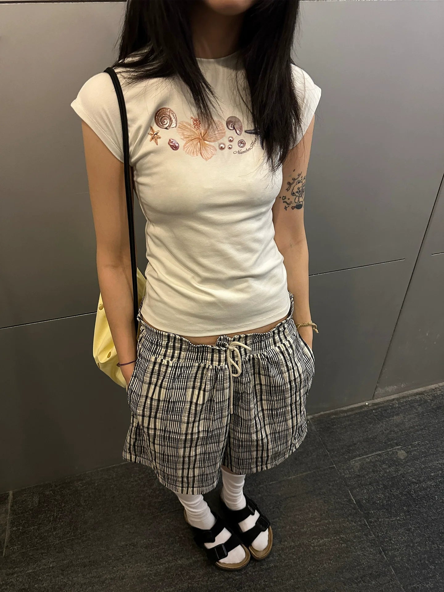 Vacation Plaid Relaxed Shorts Japanese Textured Wide-Leg Mid Shorts