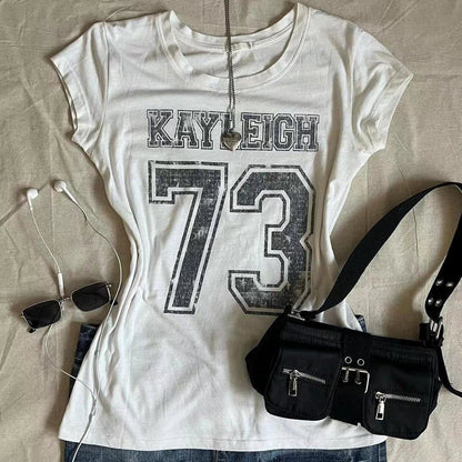 Retro White Subculture Y2K E-girl Abi American Vintage Sports Slim Short Sleeve Top