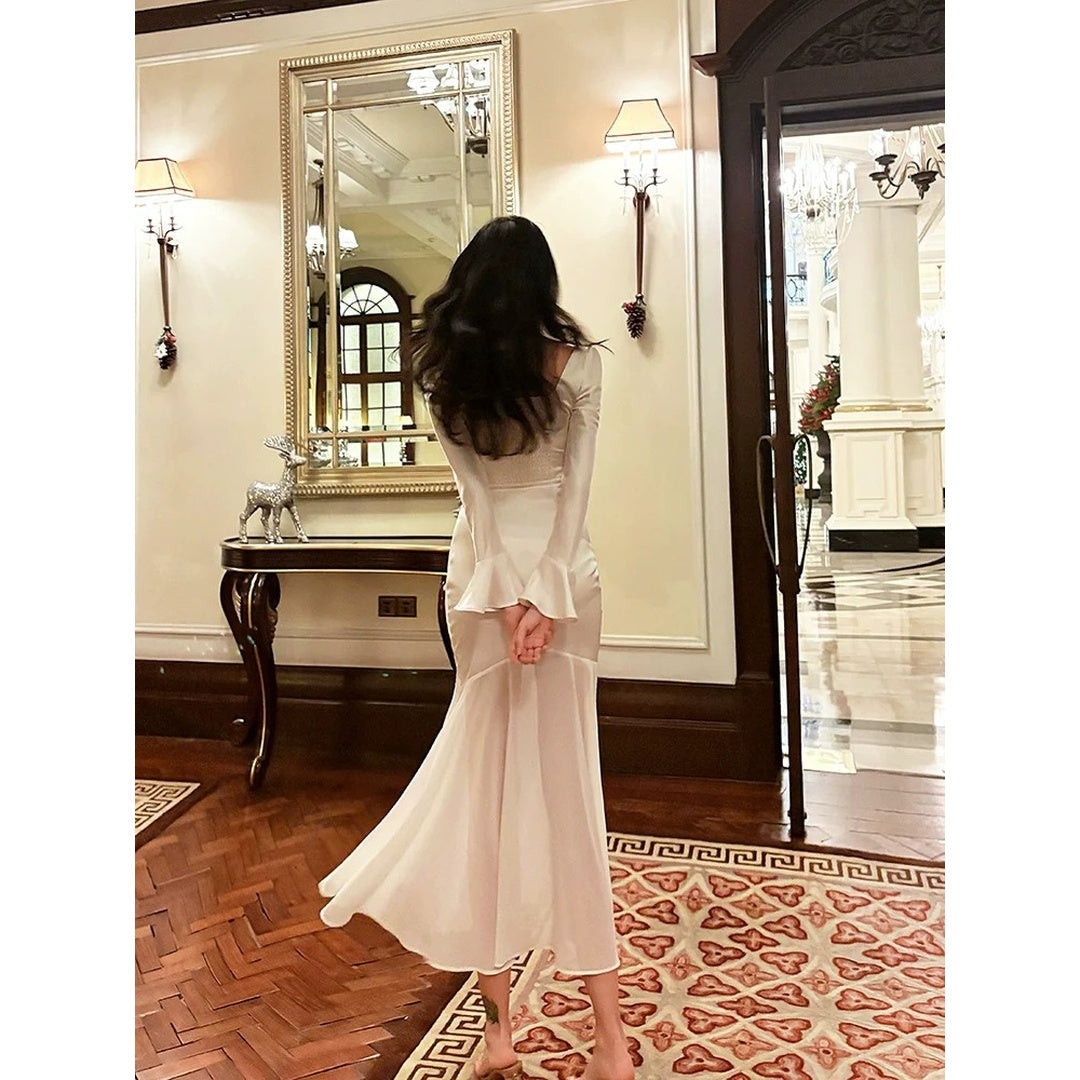 French Satin Long Sleeve Bodycon Mermaid Gown Dress