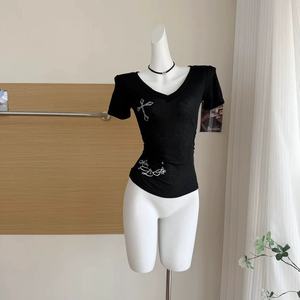 Black Subculture Y2K E-girl Abi American Retro Cross & Letter Print Short Sleeve Top