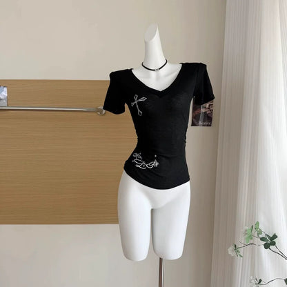 Black Subculture Y2K E-girl Abi American Retro Cross & Letter Print Short Sleeve Top