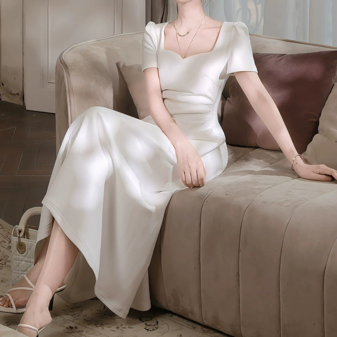 White Luxury Square Neck Gown Dress – French Waist Fitted Dress