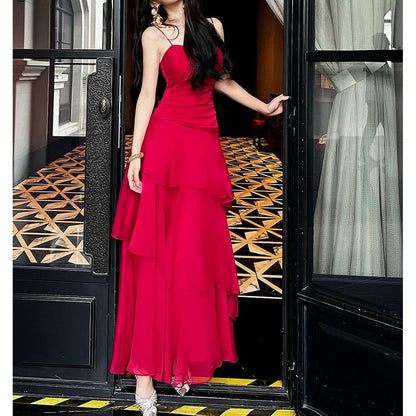 Red Ruffle Waist Gown Prom Dress