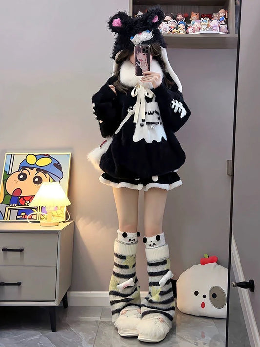 Aqua Y2K Anime Ghost Cat Faux Mink Hooded Sweater