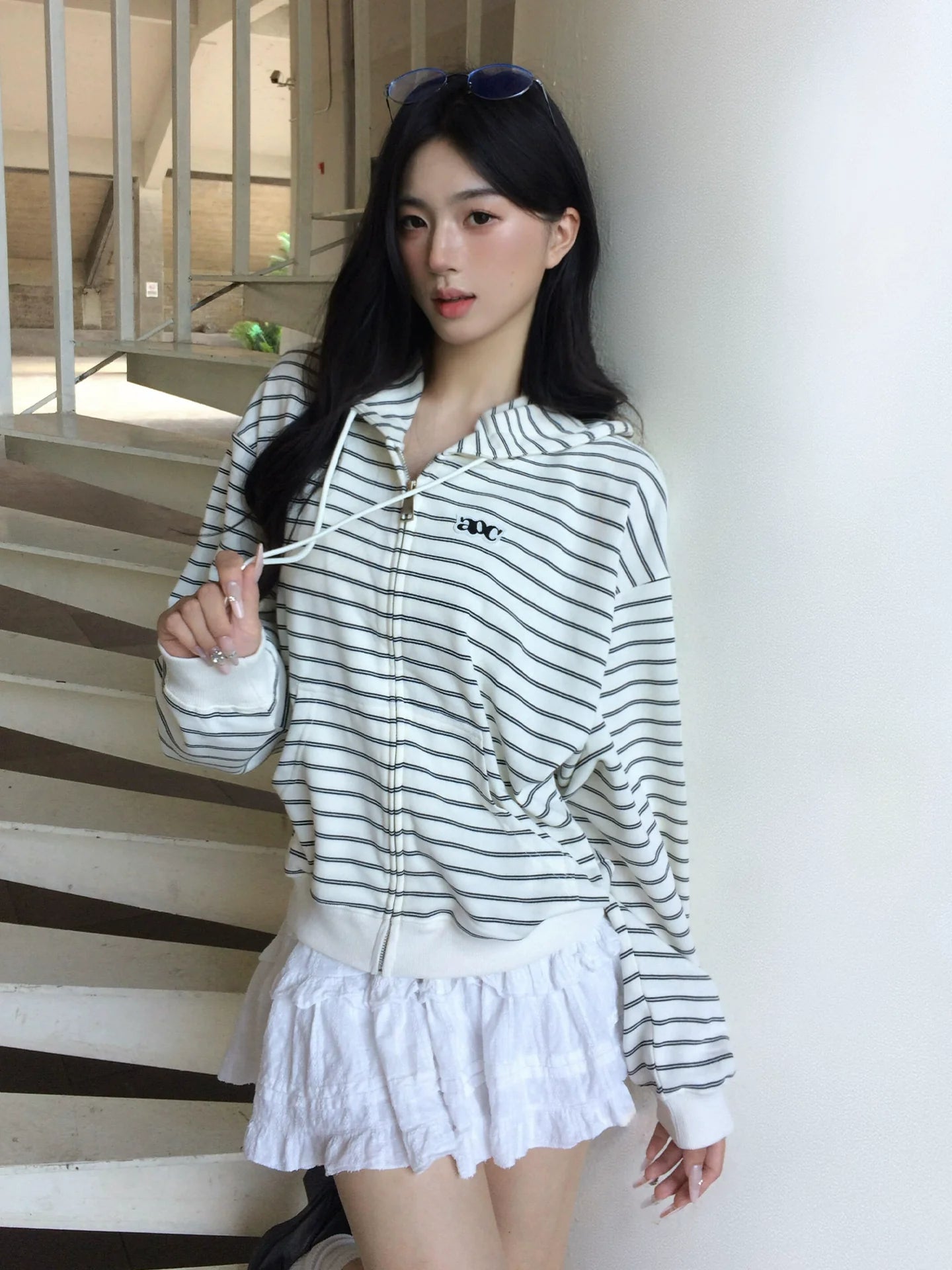 Korean Lazy Chic Striped Hoodie Cropped Zip-Up Sweatshirt