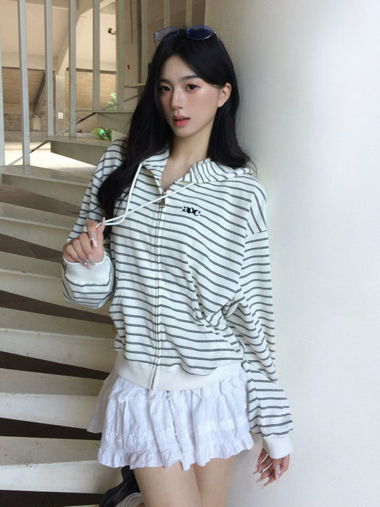 Korean Lazy Chic Striped Hoodie Cropped Zip-Up Sweatshirt