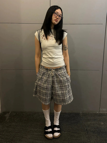 Vacation Plaid Relaxed Shorts Japanese Textured Wide-Leg Mid Shorts