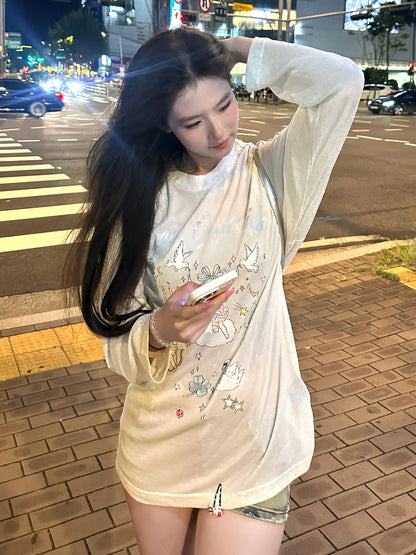 Lazy Style Sun Protection Graffiti Angel Long Sleeve Top