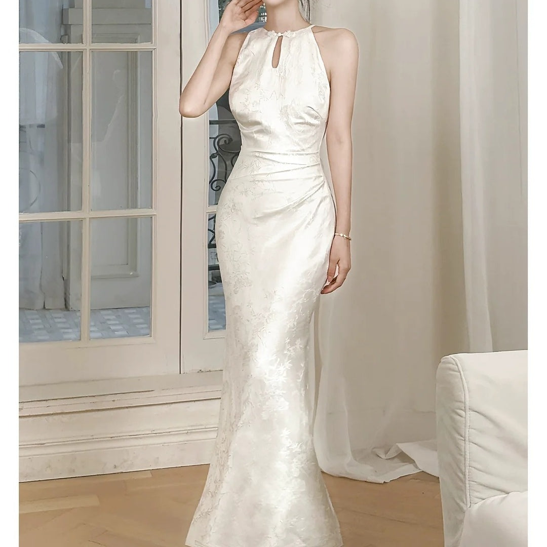 Chinese Satin Halter Mermaid Cheongsam Gown Dress