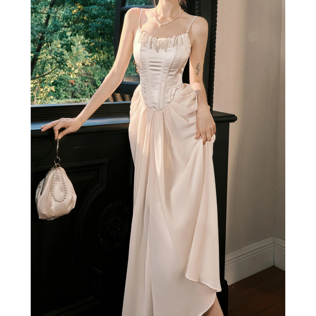 Pearl Pendant Mermaid Satin Gown Dress