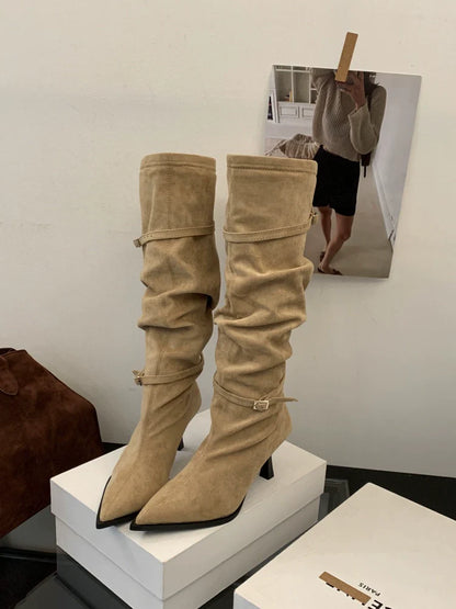 New Fall Winter French Knee High Boots Women Thin High Heel Winter Coat Friendly Knee High Fashion Maillard Boots
